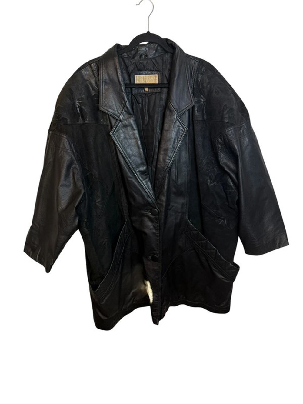 Roaman’s Vintage Leaf Patterned Black Leather Jacket